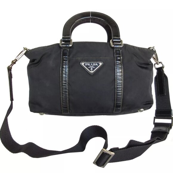 Auth PRADA Handbag Shoulder Bag black Nylon - Picture 1 of 16